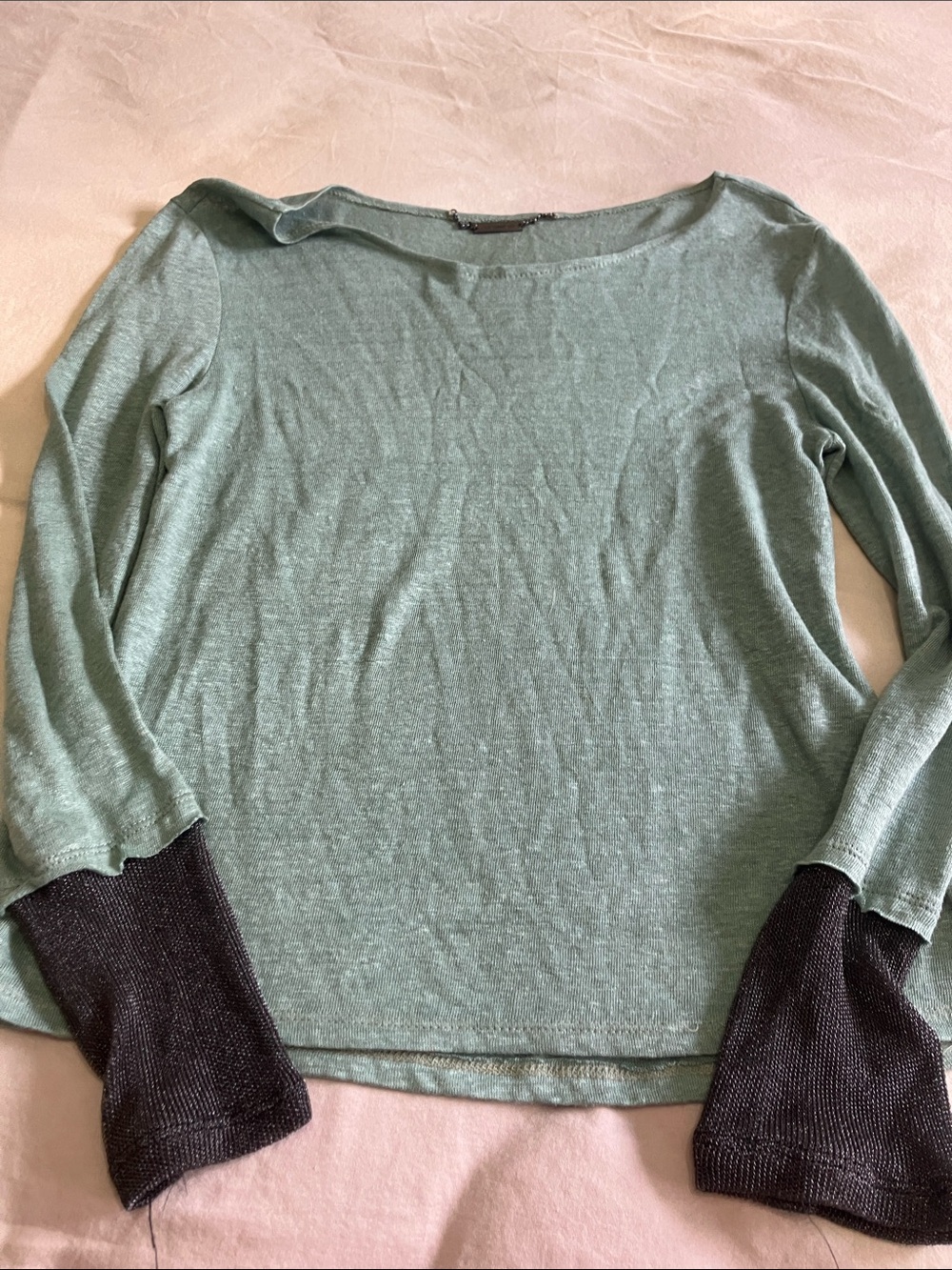 Boatneck Long Sleeve Top with Black Contrast Cuffs - Sage
